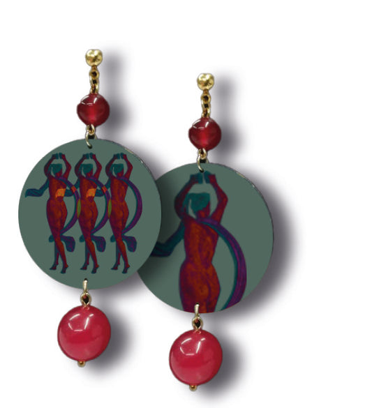 Earrings with semiprecious stones and a detail of the megalograph Villa dei Misteri